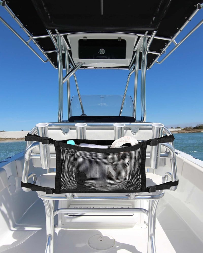 PLOZANO Boat Storage Bag, Adjustable Organizer, Mesh Tackle & Life Jacket Holder, Suspended Net for Leaning Post (16 INCH) - Image 1